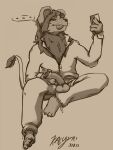  3:4 animal_genitalia animal_penis anthro balls big_penis blep body_hair chest_hair clothed clothing empty_speech_bubble felid feline genitals hair hi_res holding_object holding_penis holding_phone humanoid_genitalia humanoid_penis kalystri line_art lion looking_at_object looking_at_viewer male mammal mane mane_hair monochrome pantherine paws penis phone round_ears simple_background solo taking_picture taking_selfie tongue tongue_out tuft 