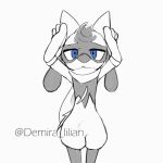 1:1 ambiguous_gender animated anthro blush canid canine canis caramelldansen dancing demira_lilian digital_media_(artwork) fan_character fur looking_at_viewer mammal meme monochrome multicolored_body multicolored_fur nintendo pok&eacute;mon pok&eacute;mon_(species) riolu scarf short_playtime simple_background smile solo video_games 