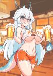 alcohol animal_humanoid bebatch beer beverage bottomwear breasts clothing dragon dragon_humanoid female hair hi_res hooters humanoid licking licking_lips licking_own_lips long_hair self_lick shorts solo tongue tongue_out under_boob 