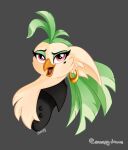 2021 anthro avian beak beauty_mark bird bust_portrait captain_celaeno_(mlp) chest_tuft clothing ear_piercing ear_ring eyebrows eyelashes feather_hair feathers female friendship_is_magic green_body green_feathers grey_background hi_res inner_ear_fluff lidded_eyes my_little_pony my_little_pony:_the_movie_(2017) open_beak open_mouth parrot piercing portrait pseudo_hair red_eyes signature simple_background sneepy solo tan_body tan_feathers tuft 