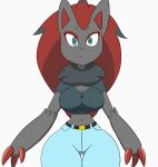  2021 animated anthro black_body black_fur black_nipples blue_eyes bouncing_breasts breasts butt_from_the_front clothed clothing female fur hi_res huge_hips looking_at_viewer midriff navel neck_tuft nintendo nipple_piercing nipples piercing pok&eacute;mon pok&eacute;mon_(species) short_playtime solo tansau topless tuft undressing video_games zoroark 