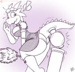  2021 anthro bottomwear breasts butt cleaning_tool clothed clothing clumsy digital_media_(artwork) drxii feather_duster female hi_res horn kobold legwear maid_uniform male non-mammal_breasts open_mouth panties reptile scalie simple_background skirt solo underwear uniform upskirt 