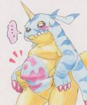  ... ambiguous_gender animal_skin anthro bandai_namco belly claws digimon digimon_(species) gabumon hi_res horn moobs overweight pinching_belly red_eyes simple_background solo tabasukotrr traditional_media_(artwork) white_background yellow_body 