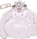  2021 anthro behemoth_(housamo) belly blush exe_exem humanoid_hands japanese_text kemono lifewonders male moobs navel nipples one_eye_closed overweight overweight_male simple_background solo text tokyo_afterschool_summoners tongue tongue_out video_games white_background wink 