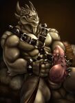  2018 anthro biceps digital_media_(artwork) dragon erection first_person_view frenum_ladder frenum_piercing genital_piercing genitals hand_on_penis harness hi_res hybrid leash leashed_pov leather leather_harness looking_at_viewer male muscular muscular_anthro muscular_male penis penis_piercing piercing ragnar_(whelpsy) red_eyes reptile scalie scar slit solo spikes vein whelpsy 