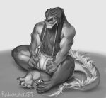  4_fingers 4_toes anthro asian_mythology barefoot black_nose bottomwear bulge claws clothing countershade_arms countershade_face countershade_feet countershade_legs countershade_torso countershading dragon east_asian_mythology eastern_dragon feet fingers greyscale hi_res long_tail male monochrome muscular muscular_anthro muscular_male mythology ratcatcher scalie shorts silly_face simple_background sitting sleeveless_hoodie smile soles solo spread_toes tail_tuft toe_claws toes tuft 
