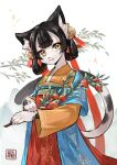  2021 anthro asian_clothing cherry_blossom clothed clothing east_asian_clothing felid female fur hair hanfu hi_res japanese_clothing looking_at_viewer mammal plant solo traditional_dress white_body white_fur yellow_eyes 