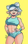  2021 abs absurd_res athletic athletic_female athletic_humanoid bottomwear cephalopod clothing dolphin_shorts ear_piercing ear_ring female hands_on_hips hat headgear headwear hi_res hotpants humanoid humanoid_pointy_ears inkling marie_(splatoon) marine markings midriff mole_(marking) mole_under_eye mollusk navel nintendo one_eye_closed open_mouth piercing pupils sharp_teeth shorts simple_background solo splatoon sportswear teeth tomboy-sama unusual_pupils video_games wristband yellow_background yellow_eyes 