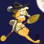  absurd_res animal_crossing anthro blush broom canid canine canis cleaning_tool clothing cosplay domestic_dog female hat headgear headwear hi_res isabelle_(animal_crossing) light looking_at_viewer magic_user mammal maybemaxisarts moonlight nintendo solo video_games witch witch_hat 