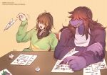  5_fingers anthro biped brown_hair chair clothing coat deltarune drawing duo english_text female fingers freckles furniture hair hair_over_eyes hi_res human kosafordraw kris_(deltarune) male mammal open_mouth paper purple_body purple_skin ralsei reptile scalie sharp_teeth shirt simple_background sitting smile susie_(deltarune) table teeth text topwear undertale_(series) video_games yellow_teeth 
