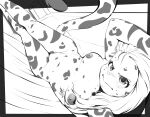  anthro bathtub blush breasts felid female frown fuf_(character) fur hair hi_res hybrid leopard lying mammal monochrome navel nipples nude on_back pantherine selfie shower_curtain sicmop solo 
