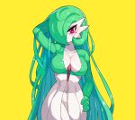  2021 beauty_mark breasts collarbone drunk_oak female fingers front_view gardevoir green_hair hair hair_over_eye hand_on_hip humanoid long_hair looking_at_viewer navel nintendo not_furry one_eye_obstructed pok&eacute;mon pok&eacute;mon_(species) pose simple_background solo video_games white_body white_skin yellow_background 