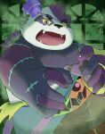  2021 absurd_res alp_(tas) anthro black_nose cute_fangs detailed_background english_text eye_patch eyewear giant_panda halloween halloween_costume hi_res holidays humanoid_hands kemono lifewonders male mammal overweight overweight_male purple_body solo suro964708 text tokyo_afterschool_summoners ursid video_games white_body 