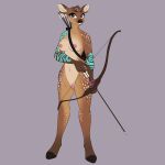  1:1 2021 absurd_res anthro archer blvejay bow_(weapon) breasts cervid cervine female genitals hi_res hooves mammal nipples nude pussy ranged_weapon red_deer scar simple_background smile solo spots tattoo weapon 