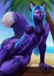  2021 anthro beach black_nose blue_hair breasts canid canine dimonis featureless_breasts female fox fur hair hi_res mammal nude outside palm_tree plant purple_body purple_eyes purple_fur sea seaside signature sky smile solo tattoo tree water 