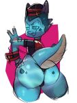  3:4 big_butt blue_body blue_scales butt clothing cuffs_(clothing) dragon gem head_gem hi_res horn leotard looking_back male sailor_hat salty_seaskunk salty_tidings scales short_stack solo teapot_(body_type) thick_tail thong_leotard 