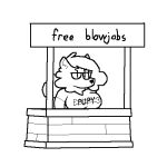  1:1 anthro big_breasts black_and_white bobby_(fluffy_gf) breasts canid canine canis clothing domestic_dog eyelashes eyewear female fluffy fluffy_gf glasses hair long_hair low_res mammal monochrome nordic_sled_dog samoyed shirt simple_drawing solo spitz standing text topwear vendor 