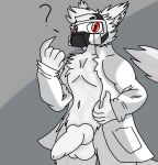  ? absurd_res anthro balls canid canine canis changed_(video_game) clothed clothing coat digital_media_(artwork) dr._k_(changed) erection fur gas_mask genitals hair hi_res lab_coat looking_at_viewer male mammal mask nude orbical penis red_eyes simple_background solo topwear white_body white_fur wolf 