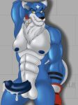  abs anthro balls bandai_namco blue_body blue_fur bodily_fluids canid canine canis clothing cum cum_drip digimon digimon_(species) dripping erection fur gaogamon genital_fluids genitals gloves hands_behind_back handwear hi_res klr-rio looking_at_viewer male mammal multicolored_body multicolored_fur muscular muscular_anthro muscular_male nipples nude penis pose simple_background smile solo white_body white_fur 