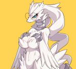 2021 4_fingers anthro anthrofied breasts dragon drunk_oak eyewear female fingers fur glasses hi_res legendary_pok&eacute;mon looking_at_viewer nintendo pok&eacute;mon pok&eacute;mon_(species) pok&eacute;morph reshiram round_glasses simple_background solo video_games white_body white_breasts white_fur yellow_background 