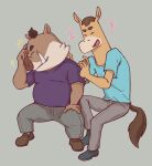  2021 absurd_res anthro atsuya_baba_(odd_taxi) belly bottomwear brown_body clothing duo equid equine eyes_closed hi_res horse humanoid_hands kemono kensuke_shibagaki_(odd_taxi) male mammal odd_taxi pants saturn_ribbon shirt simple_background sitting slightly_chubby suid suina sus_(pig) topwear wild_boar 