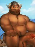 2020 animal_crossing anthro armor balls belly bovid bovine cattle erection genitals headgear helmet hi_res humanoid_hands levxrus male mammal mature_male moobs musclegut nintendo nipples overweight overweight_male penis sitting solo vic_(animal_crossing) video_games water 