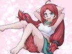  2021 4:3 4_toes agura_(pixiv) breasts canid canine cheek_tuft claws clothed clothing cute_fangs eyebrow_through_hair eyebrows facial_tuft fangs feet female fur fur_tuft green_clothing hair interspecies_reviewers knee_tuft leg_tuft looking_at_viewer mammal midriff mig_(interspecies_reviewers) open_mouth open_smile red_body red_fur red_hair red_tail smile solo tail_between_legs toe_claws toes tongue topwear translucent translucent_hair tuft white_claws 