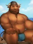  2020 animal_crossing anthro armor belly bovid bovine bulge cattle clothing headgear helmet hi_res humanoid_hands levxrus male mammal mature_male moobs musclegut nintendo nipples overweight overweight_male sitting solo underwear vic_(animal_crossing) video_games water 