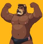  2021 absurd_res anthro beard bodily_fluids bulge clothing facial_hair hi_res humanoid_hands male mammal musclegut mustache naikuma navel nipples one_eye_closed simple_background solo sweat underwear ursid wink yellow_background 