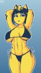  2021 abs absurd_res animal_crossing ankha_(animal_crossing) anthro athletic athletic_anthro athletic_female bangs big_breasts bikini blue_background blunt_bangs breasts clothing domestic_cat felid feline felis female fur hair hands_behind_head hi_res looking_at_viewer mammal navel nintendo short_hair side-tie_bikini simple_background solo swimwear tomboy-sama uraeus video_games wide_hips yellow_body yellow_fur 