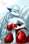  2:3 9_tails alolan_ninetales anthro big_breasts breast_grab breasts christmas christmas_clothing christmas_stocking clothing eyes_closed female fur hand_on_breast hi_res holidays multi_tail nintendo open_mouth pok&eacute;mon pok&eacute;mon_(species) regional_form_(pok&eacute;mon) rusoide simple_background sitting smile snow snowing solo thick_thighs video_games white_body white_fur 