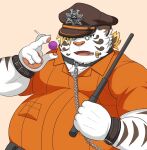  2021 anthro band-aid bandage belly clothing collar felid hi_res humanoid_hands kemono licho_(tas) lifewonders male mammal nisikemo overweight overweight_male pantherine police police_hat shirt simple_background solo tiger tokyo_afterschool_summoners topwear video_games white_body 