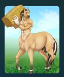  anthro balls better_version_at_source blue_eyes clothing cloud equid equid_taur equine equine_taur genitals gloves gloves_only grass hair handwear handwear_only hay hay_bale hi_res holding_object horse horse_taur male mammal mammal_taur mostly_nude multicolored_hair penis plant sky solo taur thecatnamedfish two_tone_hair 