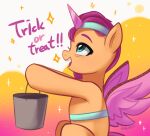  2021 absurd_res blue_eyes bucket container dialogue equid equine fake_horns fake_wings hair hasbro hi_res horse mammal marenlicious mlp_g5 my_little_pony pony purple_hair sunny_starscout_(mlp) trick_or_treat 