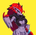  2021 anthro beckoning black_body black_fur blue_eyes breasts claws drunk_oak eyelashes female fur gesture grey_body hair hand_on_hip looking_at_viewer nintendo pok&eacute;mon pok&eacute;mon_(species) pose red_claws red_hair simple_background solo video_games yellow_background zoroark 