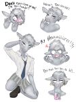  absurd_res anthro blush bovid caprine clothing dialogue ear_piercing ear_ring expressions hair hi_res jammyjams male mammal piercing school_uniform sheep simple_background solo uniform white_background ymir 