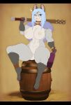  alcohol anthro barefoot barrel beverage big_breasts blue_eyes bottle breasts casual_nudity club_(weapon) colored_nails countershade_torso countershading drunk featureless_crotch feet felid female flirting fur grey_body hi_res huge_breasts mace machairodontine mammal matypup melee_weapon multicolored_body multicolored_fur muscular muscular_female nails naturally_censored solo substance_intoxication two_tone_body two_tone_fur weapon wine 