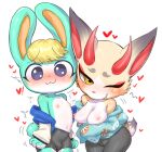  2021 :3 animal_crossing anthro areola asian_clothing big_breasts bike_shorts blonde_hair blue_eyes blush bottomwear breast_rest breasts bulge camel_toe cervid clothed clothing digital_media_(artwork) duo east_asian_clothing female hair hanuvo hi_res jacket japanese_clothing kimono lagomorph leporid looking_at_viewer male mammal navel nintendo nipples off_shoulder one_eye_closed pants rabbit sasha_(animal_crossing) scut_tail shaded shino_(animal_crossing) short_tail shorts simple_background smile tight_clothing topwear video_games white_background wink yellow_eyes 