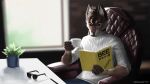  16:9 2021 anthro bee_movie bottomwear brown_body brown_fur canid canine canis chair clothed clothing container cup detailed_background domestic_dog english_text eyewear fur furniture geewolf glasses hi_res holding_cup holding_object inside male mammal plant reading sitting solo sweater text topwear widescreen 