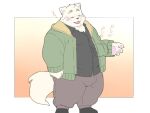  2021 4:3 anthro blush bottomwear canid canine canis clothing domestic_dog eyes_closed humanoid_hands inunoshippo kemono male mammal overweight overweight_male pants simple_background solo sweater topwear 