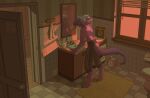  anthro bathroom bottomwear catbonce clothing digitigrade door dragon facial_piercing looking_at_mirror looking_at_object male marky_the_dragon mirror morrisor multi_head nose_piercing nose_ring pants piercing rug sink standing thick_tail window 