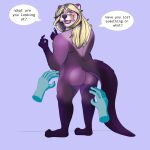 1:1 angry_furret anthro beard belly big_butt blonde_hair blush butt claws english_text facial_hair fluffy fur grey_eyes hair hi_res linus_bechtholdt long_hair looking_at_viewer lutrine male mammal mustache mustelid nude open_mouth overweight purple_body sea_otter simple_background slightly_chubby solo text thick_thighs 