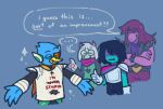  ... anthro armor arms_out avian beak belt berdly bird blue_body blue_feathers blue_hair blue_skin bodily_fluids bovid caprine clothing crossed_arms deltarune dialogue english_text eyes_closed eyewear feathers fur gesture glasses gloves goat group hair hair_over_eyes handwear horn human humor jacket kris_(deltarune) long_ears long_hair mammal proud purple_body purple_hair purple_skin ralsei reptile robe scalie scarf scouter shirt simple_background smile speech_bubble susie_(deltarune) sweat sweatdrop text thumbs_up topwear undertale_(series) valdotpng video_games white_body white_fur yellow_beak 