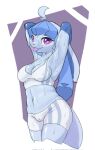  2021 anthro anthrofied blep blue_body bodily_fluids bottomwear bra breasts camel_toe cleavage clothed clothing eeveelution female flurry_(character) frostynoten glaceon hands_behind_head hi_res looking_at_viewer midriff nintendo pok&eacute;mon pok&eacute;mon_(species) pok&eacute;morph portrait purple_eyes shorts solo sports_bra standing sweat three-quarter_portrait tongue tongue_out underwear video_games 