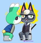  after_kiss animal_crossing anthro anthro_on_anthro bodily_fluids bottomless caught clothed clothing digital_media_(artwork) duo eyewear felid feline glasses hair heterochromia hi_res jacket lagomorph looking_at_viewer looking_back male male/male mammal minus8 necktie nintendo open_mouth raymond_(animal_crossing) saliva saliva_string sasha_(animal_crossing) signature sitting suit sweat text tongue topwear url video_games 