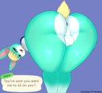 animal_crossing anthro anus balls big_butt blonde_hair butt clothed clothing dialogue digital_media_(artwork) english_text fur genitals girly green_body green_fur hair hi_res lagomorph leporid looking_at_viewer male mammal nintendo nude open_mouth penis pizzakittynyan rabbit sasha_(animal_crossing) shaded simple_background smile solo spread_anus spreading text thick_thighs topwear video_games 