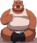  2021 absurd_res anthro belly blush brown_body clothing eyes_closed eyewear glasses hi_res kemono male mammal omo_kemo overweight overweight_male plantigrade shirt simple_background sitting solo suid suina sus_(pig) topwear underwear wild_boar 