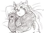  2021 ailurid anthro bed belly exe_exem furniture humanoid_hands kemono lifewonders lying male mammal moobs overweight overweight_male pillow red_panda sketch solo tokyo_afterschool_summoners video_games zhurong_(tas) 