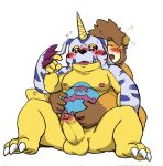  animal_skin anthro balls bandai_namco belly blush claws digimon digimon_(species) duo embrace erection foreskin gabumon genitals hi_res horn hug hugging_from_behind male male/male moobs nipples penis red_eyes reddo12340 slightly_chubby 