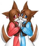  anthro blue_eyes brown_body brown_fur brown_hair canid canine canis clothing domestic_dog dress duo ear_piercing ear_ring female frown fur hair hi_res mammal piercing pudi_schwi py_scwhi red_eyes smile tetsushi 